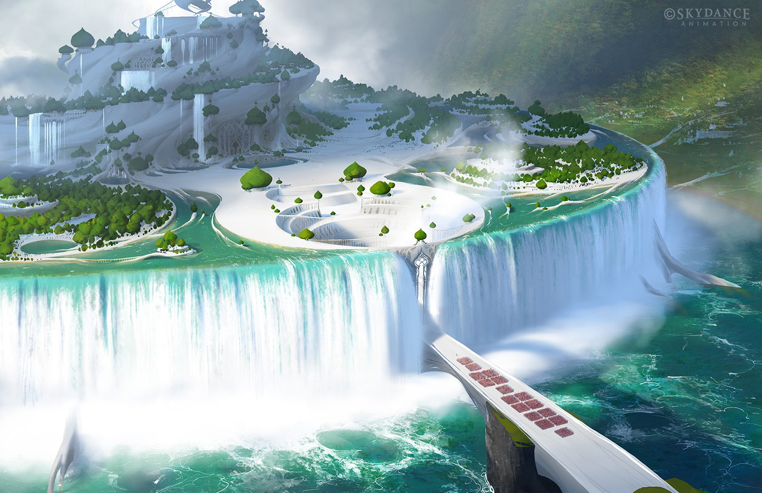 Spellbound: palace island, falls, and bridge